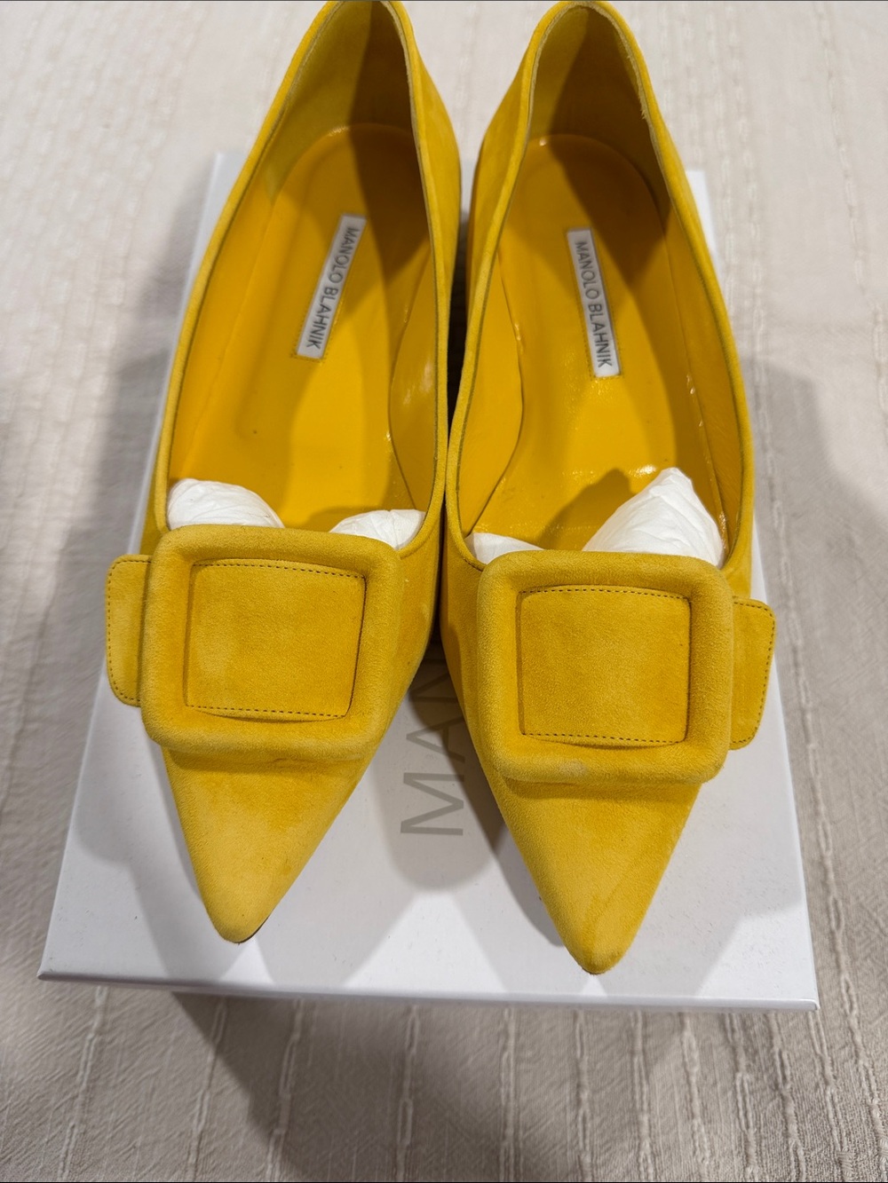 Manolo Blahnik Yellow Suede Pointed-Toe Flats with Signature Buckle